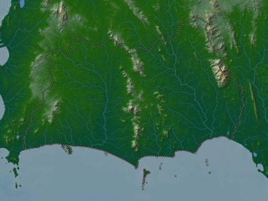 Rayong, province of Thailand. Colored elevation map with lakes and rivers