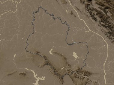 Sakon Nakhon, province of Thailand. Elevation map colored in sepia tones with lakes and rivers