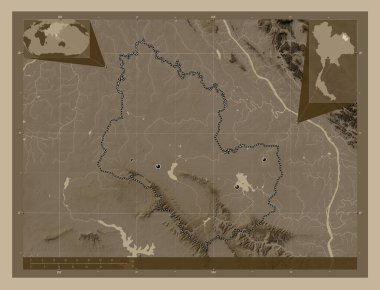 Sakon Nakhon, province of Thailand. Elevation map colored in sepia tones with lakes and rivers. Locations of major cities of the region. Corner auxiliary location maps