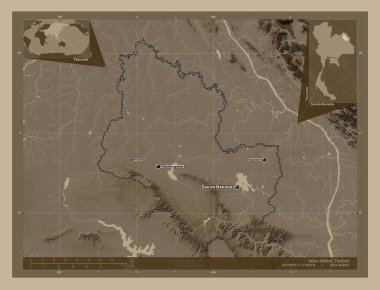 Sakon Nakhon, province of Thailand. Elevation map colored in sepia tones with lakes and rivers. Locations and names of major cities of the region. Corner auxiliary location maps