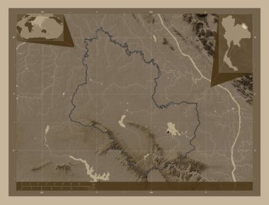Sakon Nakhon, province of Thailand. Elevation map colored in sepia tones with lakes and rivers. Corner auxiliary location maps