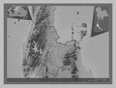 Surat Thani, province of Thailand. Grayscale elevation map with lakes and rivers. Locations and names of major cities of the region. Corner auxiliary location maps