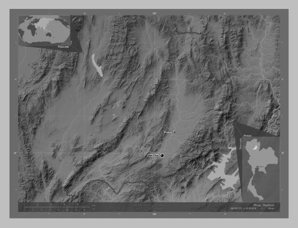 タイ王国のフレーズ県 湖や川とグレースケールの標高マップ 地域の主要都市の位置と名前 コーナー補助位置図 — ストック写真