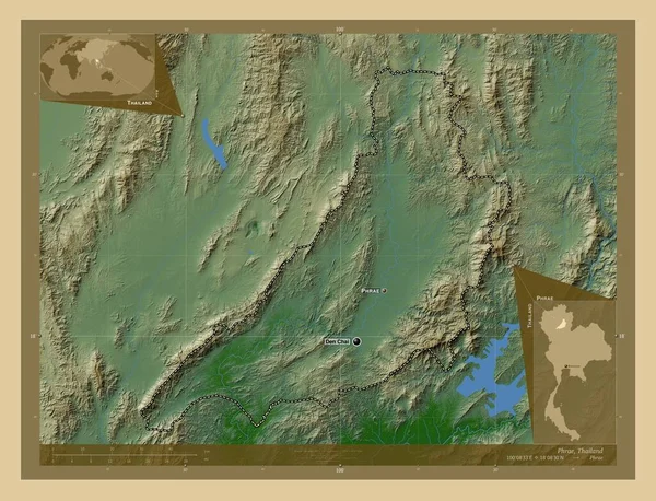 タイ王国のフレーズ県 湖や川と色の標高マップ 地域の主要都市の位置と名前 コーナー補助位置図 — ストック写真
