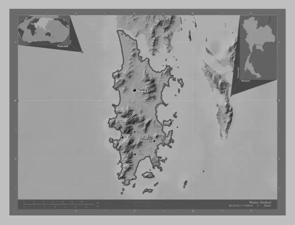 Phuket Province Thailand Grayscale Elevation Map Lakes Rivers Locations Names — Stock Photo, Image