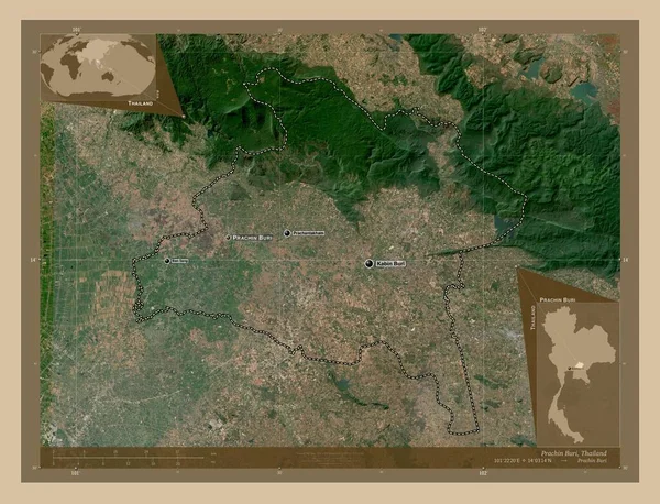 Prachin Buri 泰国省 低分辨率卫星地图 该区域主要城市的地点和名称 角辅助位置图 — 图库照片