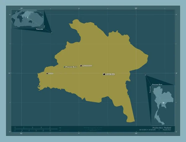 タイ王国のブルイ州の牧師 しっかりした色の形 地域の主要都市の位置と名前 コーナー補助位置図 — ストック写真
