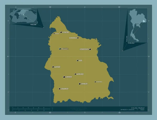 Ket 泰国省 固体的颜色形状 该区域主要城市的地点和名称 角辅助位置图 — 图库照片
