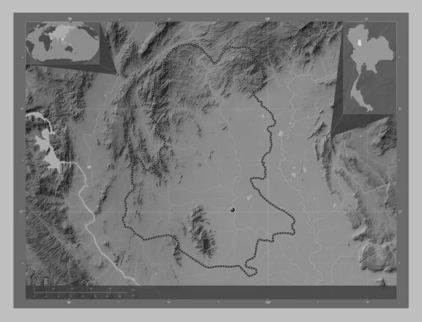 Сукхотай Провінція Таїланд Граймасштабна Мапа Висот Озерами Річками Кутові Допоміжні — стокове фото
