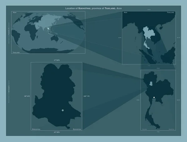 Sukhothai Province Thailand Diagram Showing Location Region Larger Scale Maps — стоковое фото