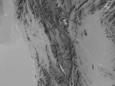 Tak, province of Thailand. Grayscale elevation map with lakes and rivers