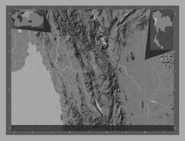 Tak, province of Thailand. Bilevel elevation map with lakes and rivers. Corner auxiliary location maps