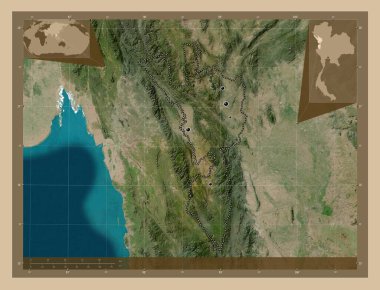 Tak, Tayland vilayeti. Düşük çözünürlüklü uydu. Bölgenin büyük şehirlerinin yerleri. Köşedeki yedek konum haritaları