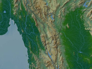 Tak, province of Thailand. Colored elevation map with lakes and rivers