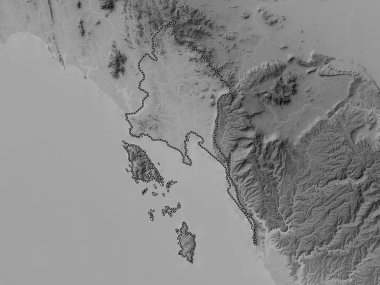 Trat, province of Thailand. Grayscale elevation map with lakes and rivers