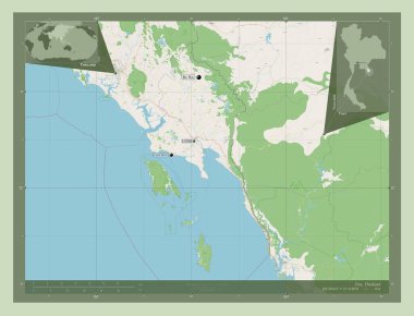 Trat, province of Thailand. Open Street Map. Locations and names of major cities of the region. Corner auxiliary location maps