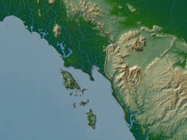 Trat, province of Thailand. Colored elevation map with lakes and rivers
