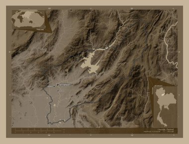 Uttaradit, province of Thailand. Elevation map colored in sepia tones with lakes and rivers. Locations and names of major cities of the region. Corner auxiliary location maps
