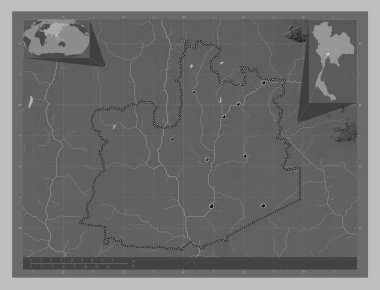 Phra Nakhon Si Ayutthaya, province of Thailand. Grayscale elevation map with lakes and rivers. Locations of major cities of the region. Corner auxiliary location maps