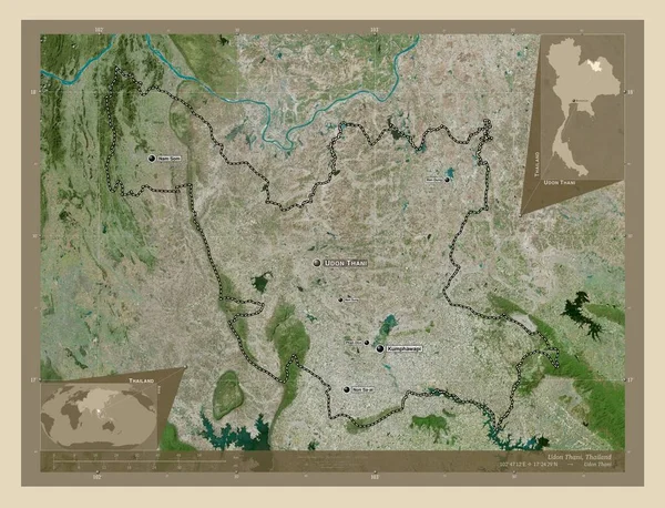 タイのウドタニー州 高解像度衛星地図 地域の主要都市の位置と名前 コーナー補助位置図 — ストック写真