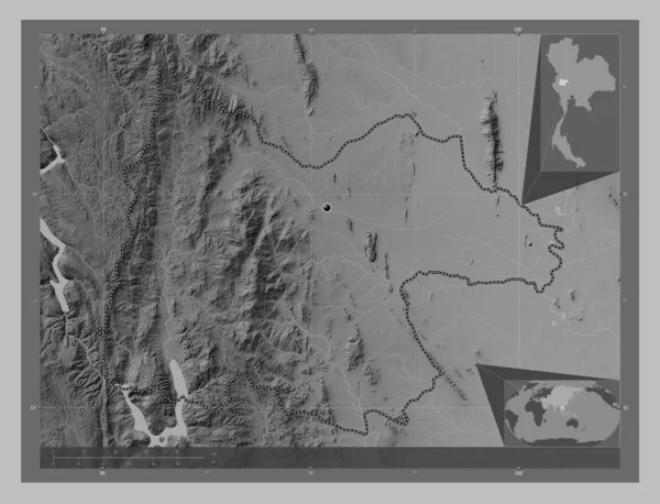 Uthai Thani Province Thailand Grayscale Elevation Map Lakes Rivers Locations — стоковое фото