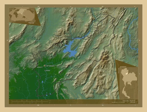 Uttaradit Prowincja Tajlandii Kolorowa Mapa Wzniesień Jeziorami Rzekami Lokalizacje Nazwy — Zdjęcie stockowe