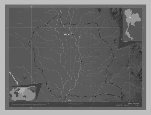 Phichit Province Thailand Grayscale Elevation Map Lakes Rivers Locations Names — Zdjęcie stockowe