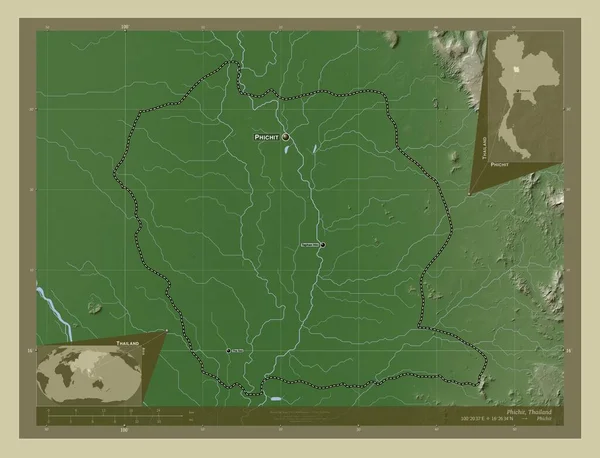 Phichit 泰国省 用Wiki风格绘制的带有湖泊和河流的高程地图 该区域主要城市的地点和名称 角辅助位置图 — 图库照片