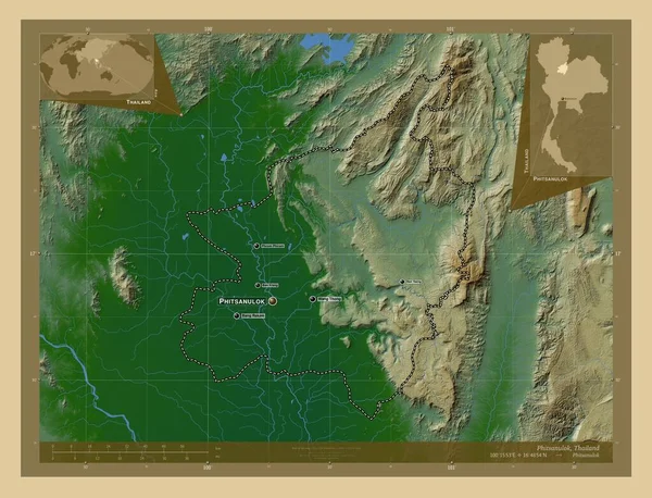 タイ王国のピサヌローク県 湖や川と色の標高マップ 地域の主要都市の位置と名前 コーナー補助位置図 — ストック写真