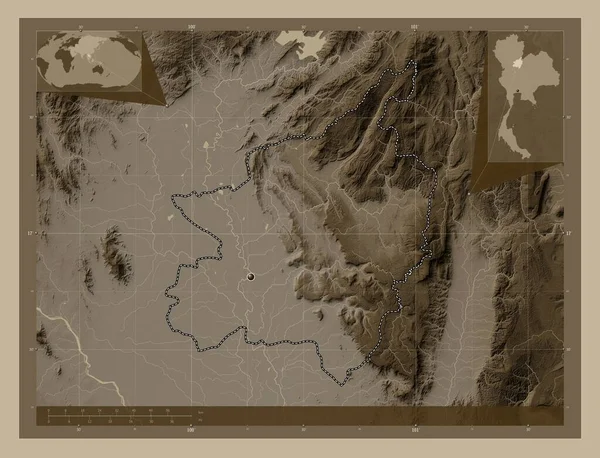 Phitsanulok Province Thailand Elevation Map Colored Sepia Tones Lakes Rivers — 스톡 사진