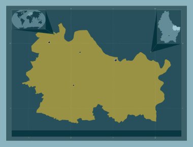 Canton Echternach, Lüksemburg kantonu. Katı renk şekli. Bölgenin büyük şehirlerinin yerleri. Köşedeki yedek konum haritaları