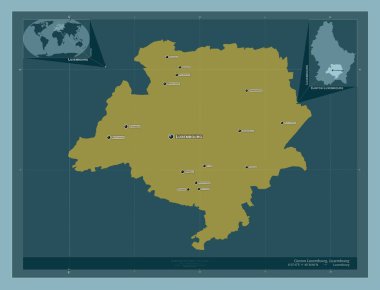 Lüksemburg Kantonu, Lüksemburg Kantonu. Katı renk şekli. Bölgenin büyük şehirlerinin yerleri ve isimleri. Köşedeki yedek konum haritaları