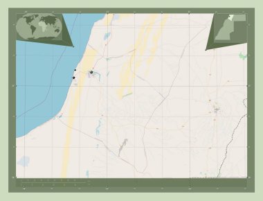 Laayoune-Sakia El Hamra, Batı Sahra ili. Açık Sokak Haritası. Bölgenin büyük şehirlerinin yerleri. Köşedeki yedek konum haritaları