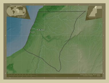 Laayoune-Sakia El Hamra, Batı Sahra ili. Yükseklik haritası göller ve nehirlerle wiki tarzında renklendirilmiş. Bölgenin büyük şehirlerinin yerleri ve isimleri. Köşedeki yedek konum haritaları