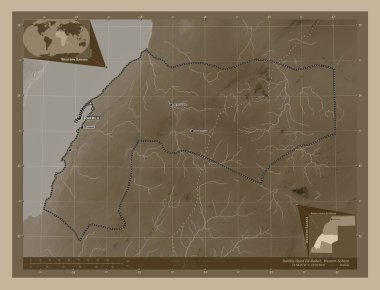 Dakhla-Oued Ed-Dahab, Batı Sahra ili. Yükseklik haritası sepya tonlarında göller ve nehirlerle renklendirilmiş. Bölgenin büyük şehirlerinin yerleri ve isimleri. Köşedeki yedek konum haritaları