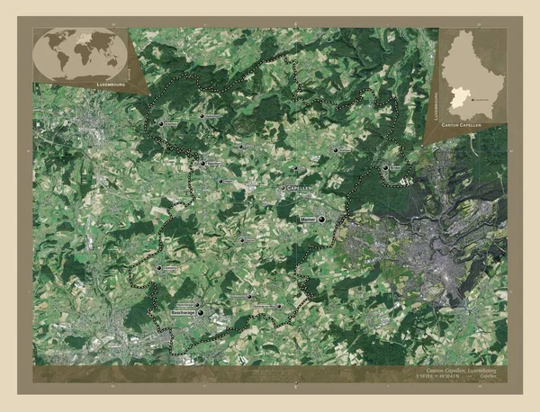 卡佩伦州 卢森堡州 高分辨率卫星地图 该区域主要城市的地点和名称 角辅助位置图 — 图库照片