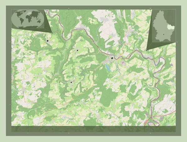 Echternach州 卢森堡州 开放街道地图 该区域主要城市的所在地点 角辅助位置图 — 图库照片