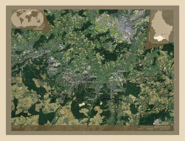 阿尔茨特河畔埃施州 卢森堡州 高分辨率卫星地图 该区域主要城市的地点和名称 角辅助位置图 — 图库照片