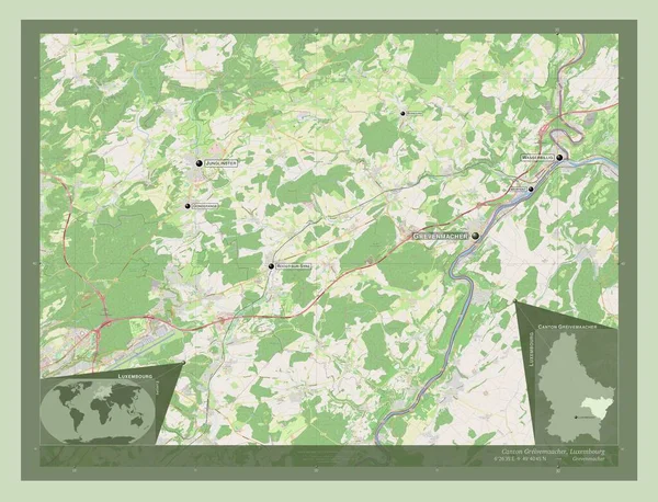 カントンGreivemacher ルクセンブルクのカントン ストリートマップを開く 地域の主要都市の位置と名前 コーナー補助位置図 — ストック写真