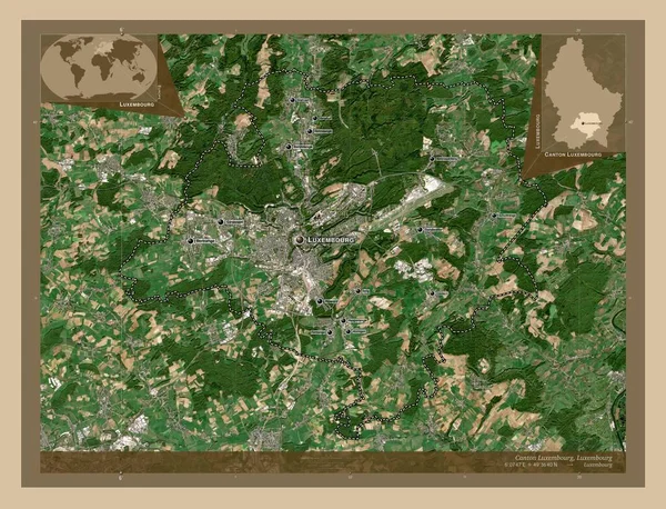 カントンルクセンブルク ルクセンブルクの州 低解像度衛星地図 地域の主要都市の位置と名前 コーナー補助位置図 — ストック写真