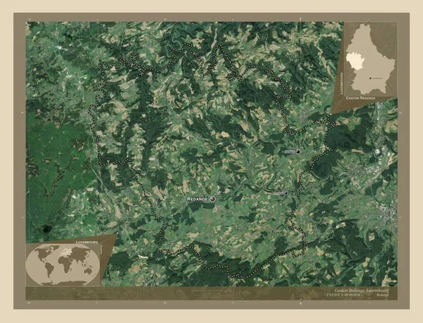 卢森堡的Redange州 高分辨率卫星地图 该区域主要城市的地点和名称 角辅助位置图 — 图库照片