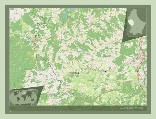 卢森堡的Redange州 开放街道地图 该区域主要城市的地点和名称 角辅助位置图 — 图库照片