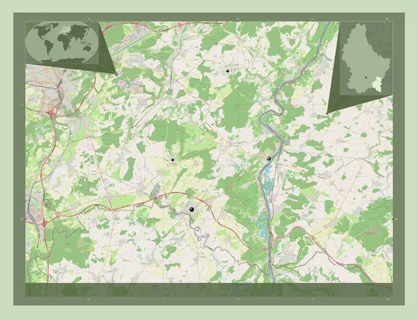 カントン レミッチルクセンブルク州 ストリートマップを開く 地域の主要都市の場所 コーナー補助位置図 — ストック写真