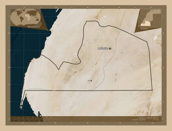 Aousserd Province Western Sahara 低分辨率卫星地图 该区域主要城市的地点和名称 角辅助位置图 — 图库照片