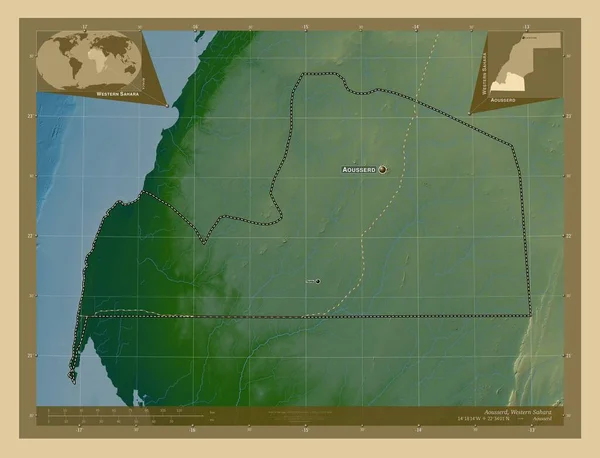 Ауссерд Провинция Западная Сахара Цветная Карта Высоты Озерами Реками Места — стоковое фото