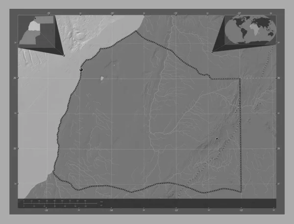 Boujdour 西撒哈拉省 带湖泊和河流的比尔维尔高程图 该区域主要城市的所在地点 角辅助位置图 — 图库照片