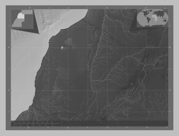 Boujdour Province Western Sahara Grayscale Elevation Map Lakes Rivers Locations — Stock Photo, Image