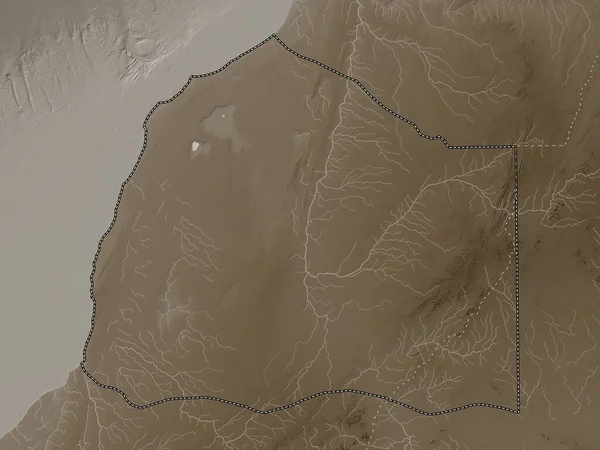 Boujdour Prowincja Sahary Zachodniej Mapa Wzniesień Kolorowe Sepia Dźwięki Jeziorami — Zdjęcie stockowe
