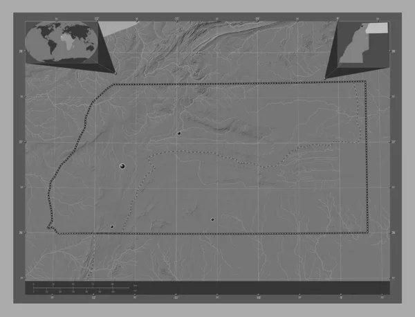 Semara 西撒哈拉省 带湖泊和河流的比尔维尔高程图 该区域主要城市的所在地点 角辅助位置图 — 图库照片