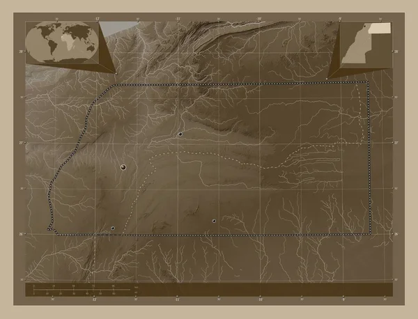 Semara Provinz Westsahara Höhenkarte Sepiatönen Mit Seen Und Flüssen Standorte — Stockfoto